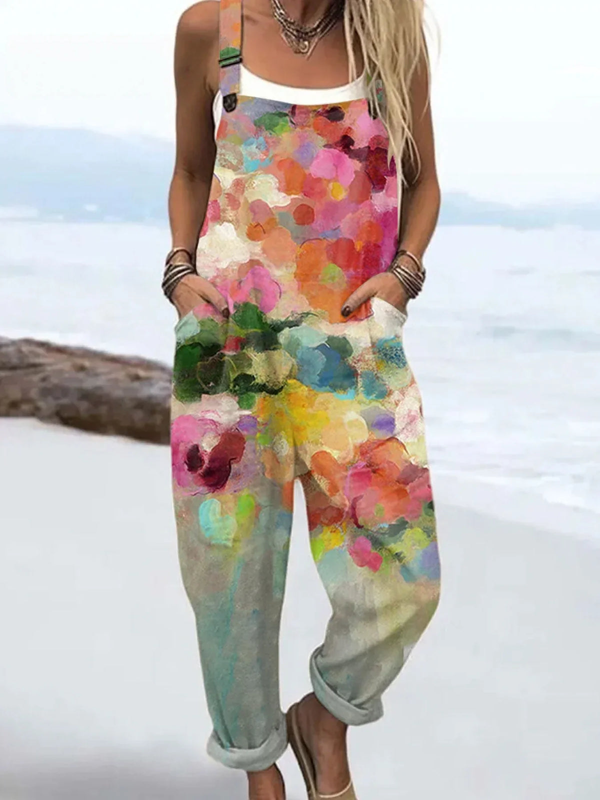 Women's Vintage Flowers Art Print Casual Cotton Linen Wide Leg Jumpsuit RJ022
