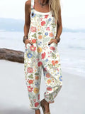 Women's Vintage Flowers Art Print Casual Cotton Linen Wide Leg Jumpsuit RJ011
