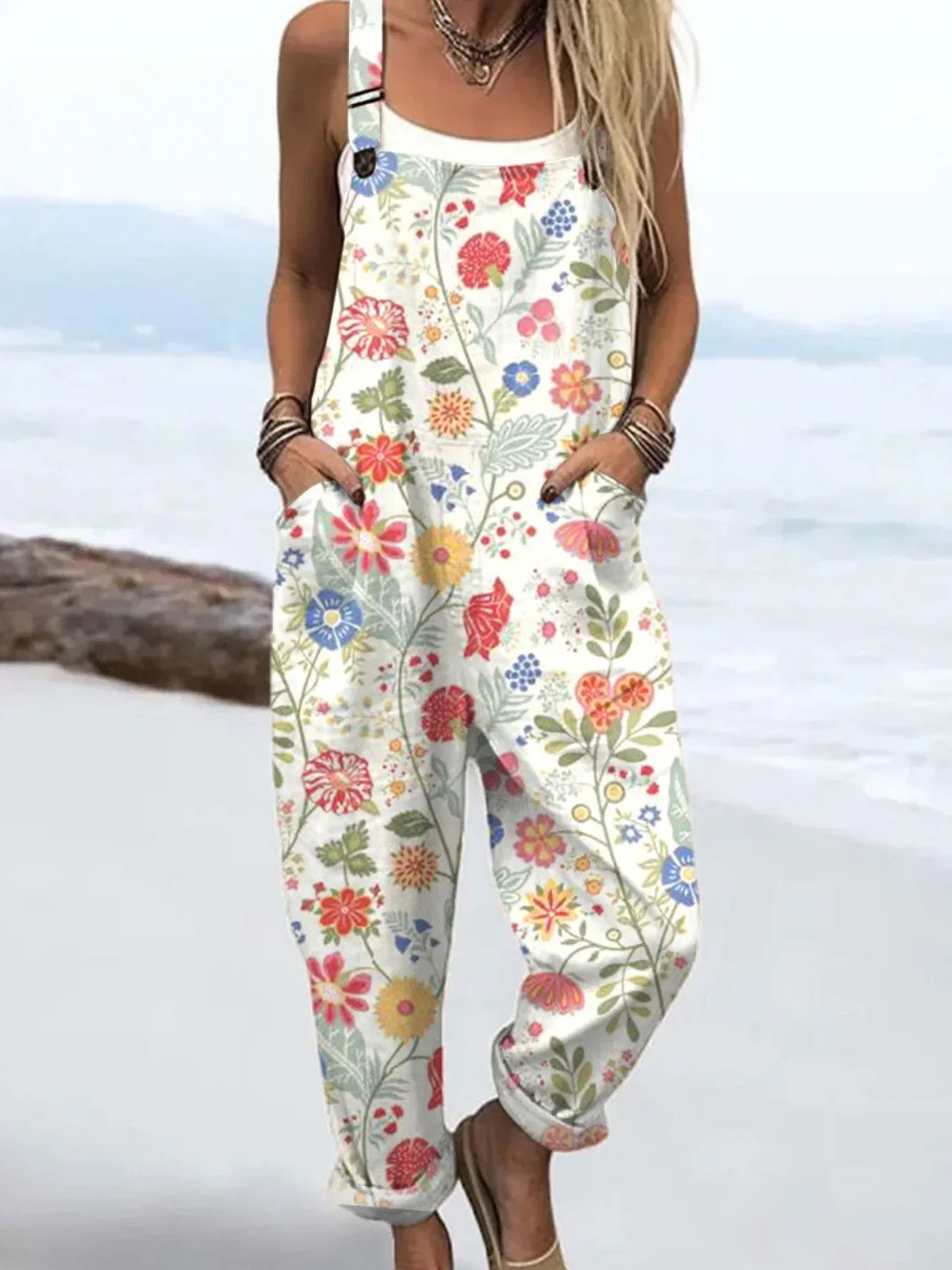 Women's Vintage Flowers Art Print Casual Cotton Linen Wide Leg Jumpsuit RJ011