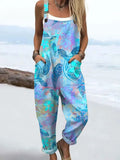 Women's Vintage Turtle Art Print Casual Cotton Linen Wide Leg Jumpsuit RJ030