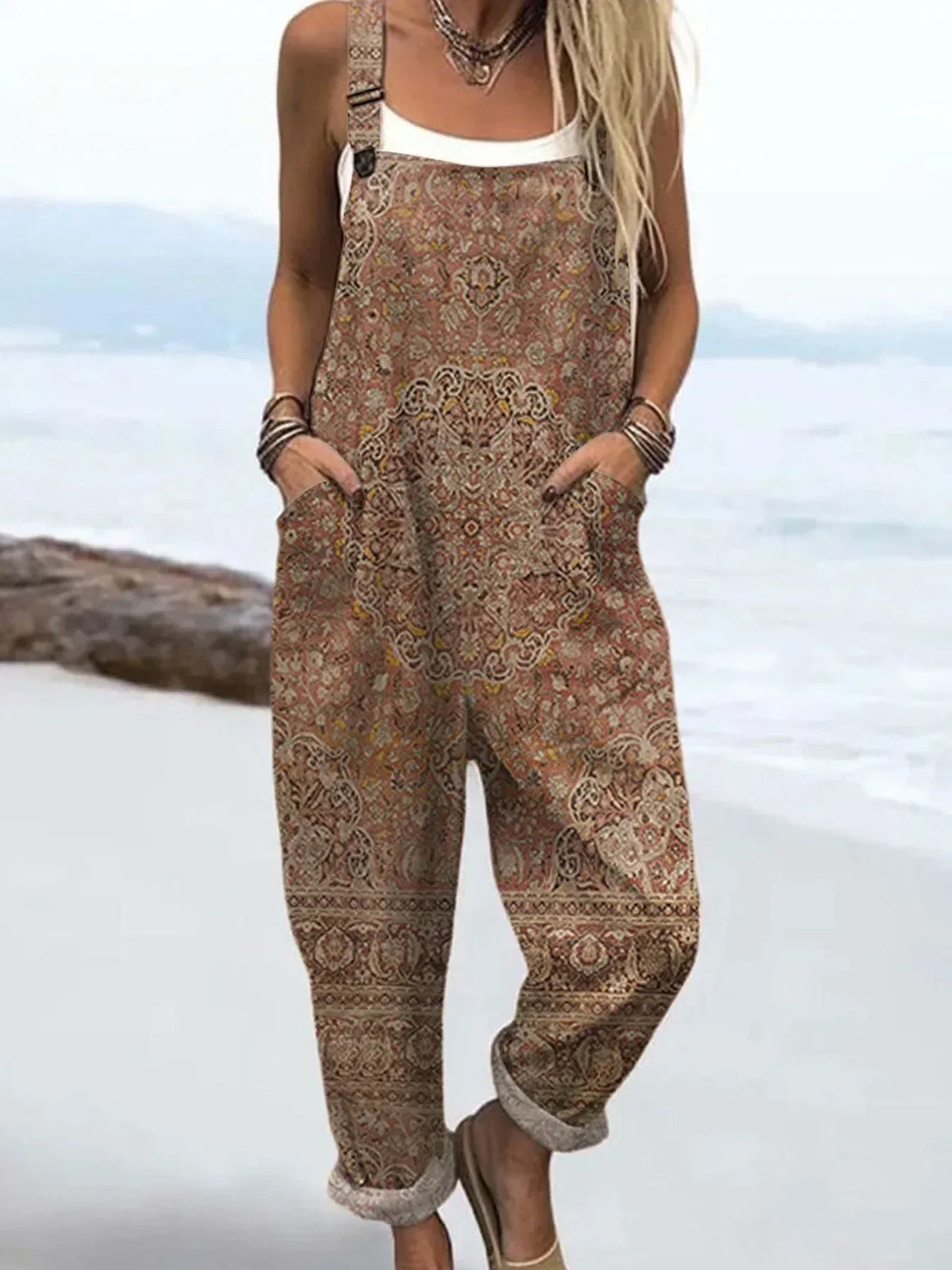 Women's Boho Vintage Art Print Casual Cotton Linen Wide Leg Jumpsuit RJ027