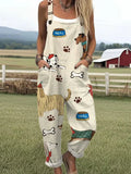 Women's Funny Dog Art Print Casual Cotton Linen Wide Leg Jumpsuit RJ037
