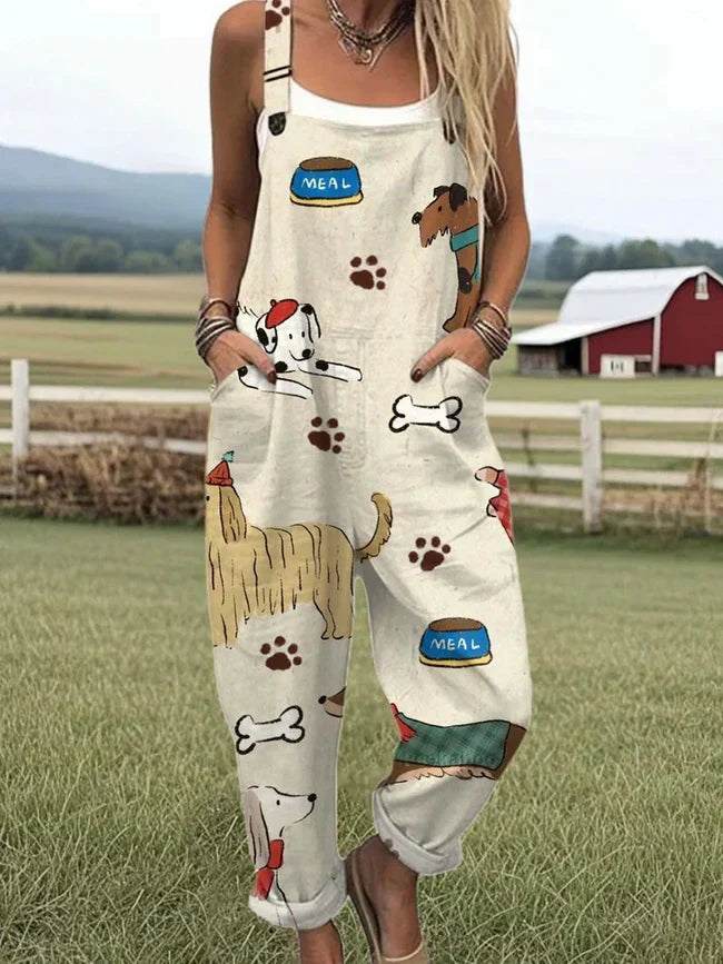 Women's Funny Dog Art Print Casual Cotton Linen Wide Leg Jumpsuit RJ037