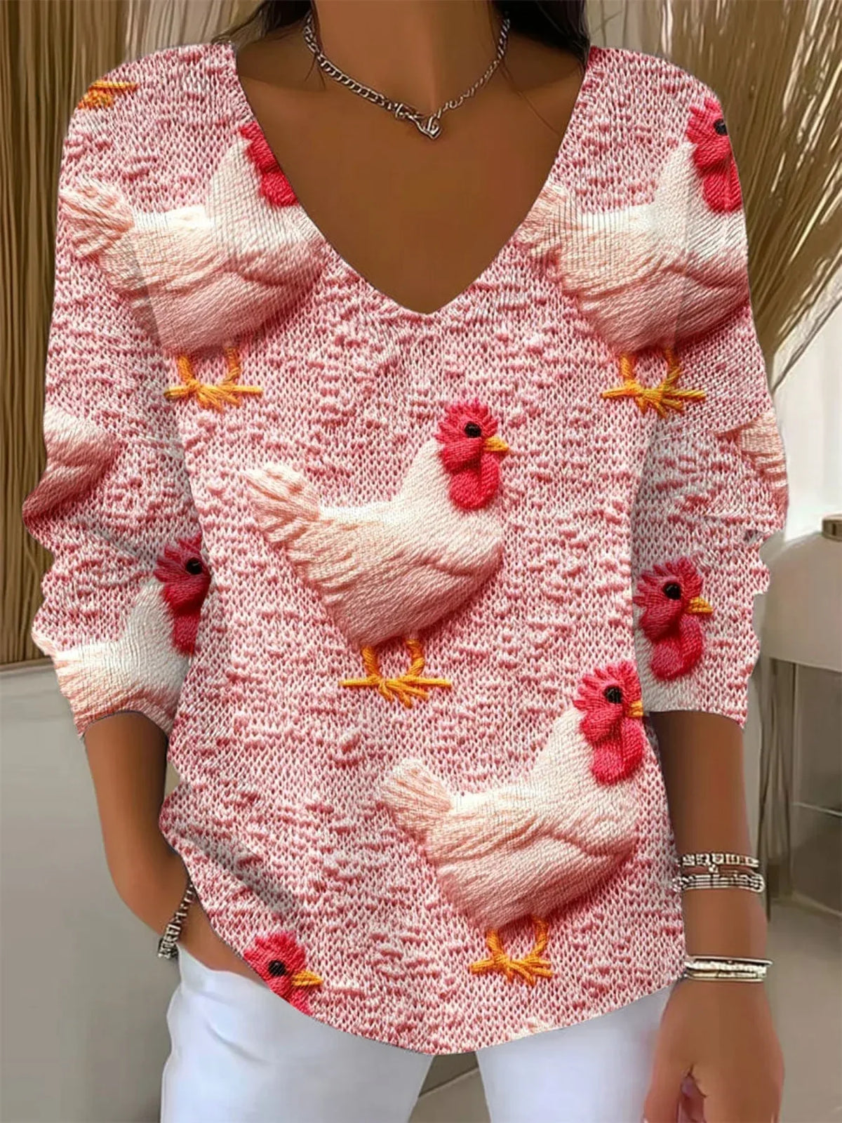 Women's Funny Chicken Art Print Casual Pullover Sweater