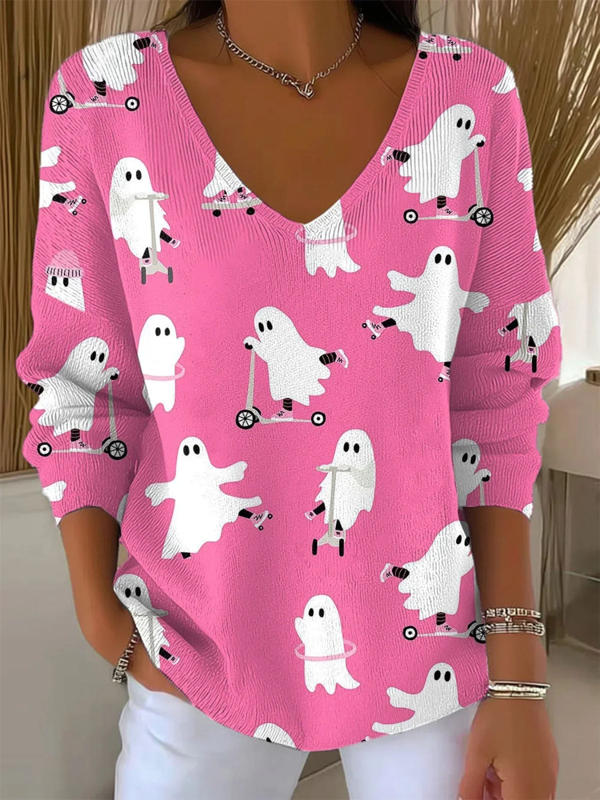 Women's Funny Ghost Art Print Casual Pullover Sweater