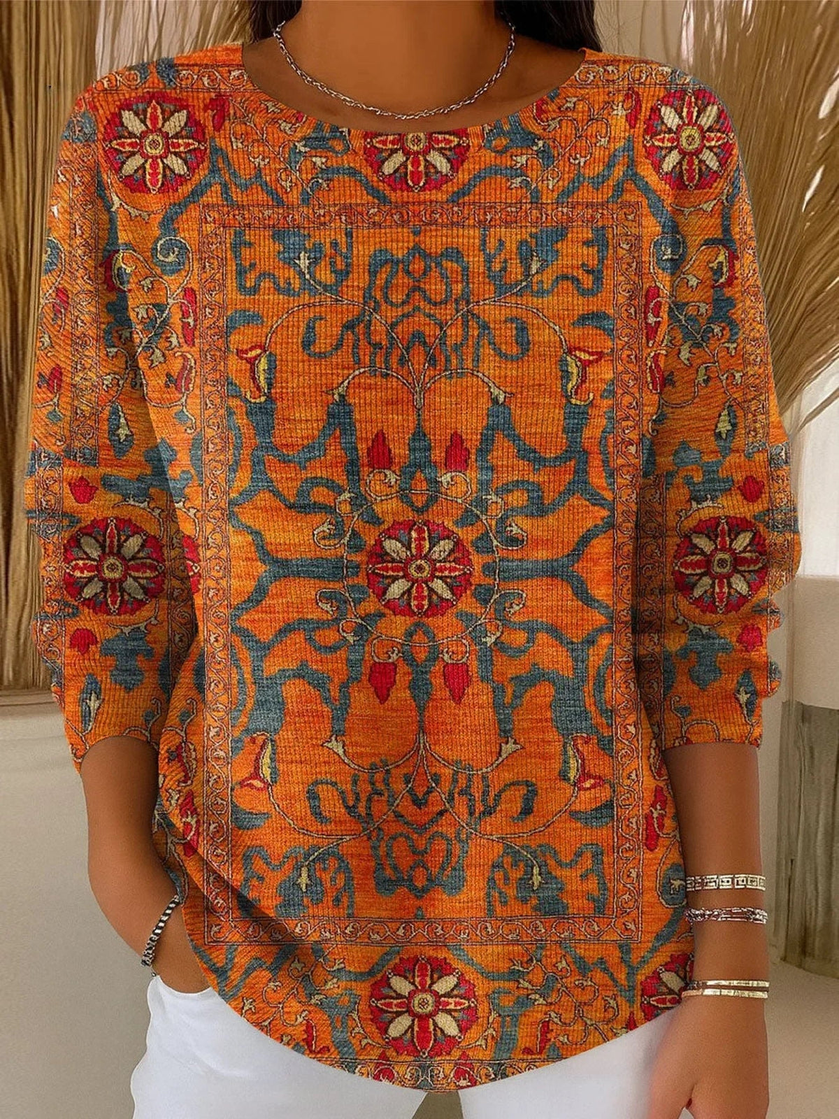Women's Vintage Flower Art Print Casual Pullover Sweater