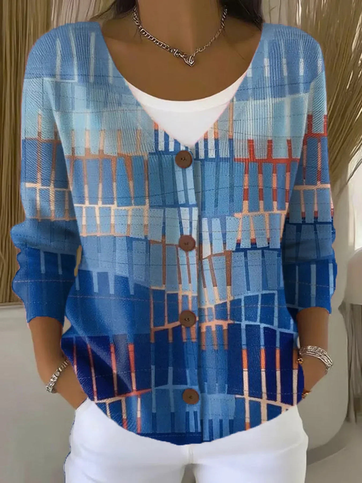 Vintage Geometry Art Print Buttoned V-neck Cardigan Sweater