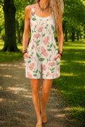 Women’s Beige Rose Floral Print Casual Cotton Wide Leg Romper