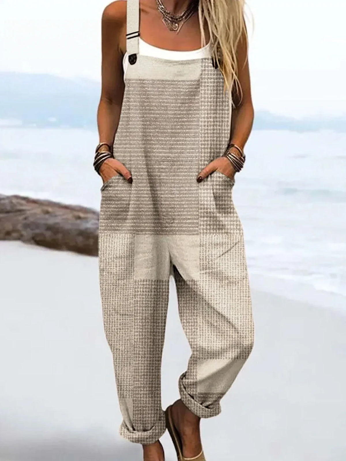 Women's Vintage Abstract Geometric Line Art Print Casual Cotton Linen Wide Leg Jumpsuit RJ020