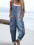Women's Retro Abstract Dot Stripe Art Print Casual Cotton Linen Wide Leg Jumpsuit RJ029