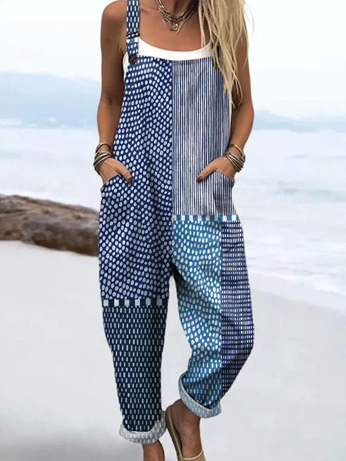 Women's Retro Abstract Dot Stripe Art Print Casual Cotton Linen Wide Leg Jumpsuit RJ029