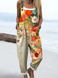 Women's Vintage Flower Art Print Casual Cotton Linen Wide Leg Jumpsuit RJ016