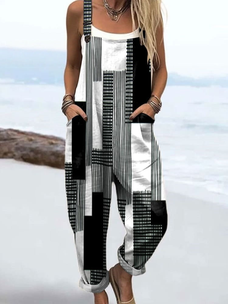 Women's Abstract Black White Stripes Art Print Casual Cotton Linen Wide Leg Jumpsuit RJ035