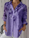 Women 3/4 Sleeve Lapel Floral Printed  Purple Top