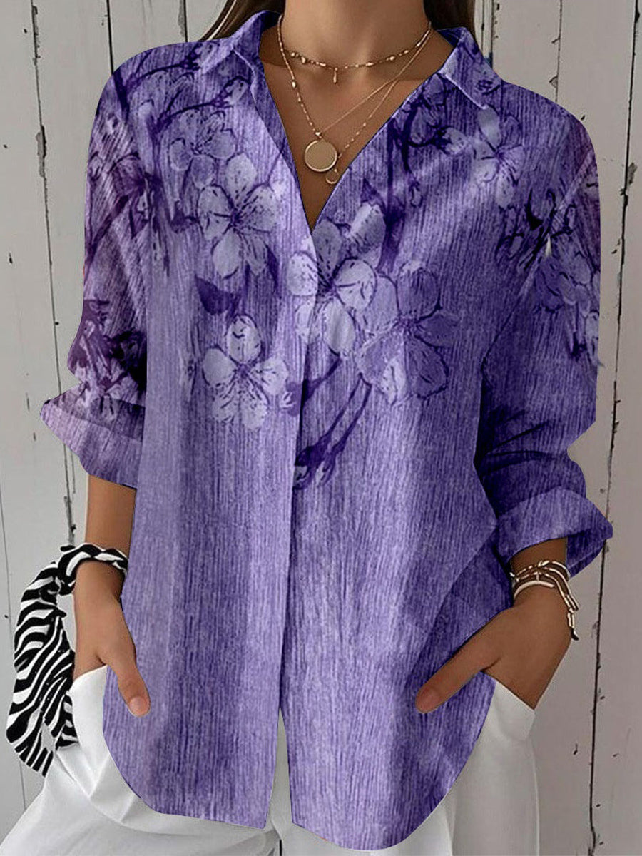 Women 3/4 Sleeve Lapel Floral Printed  Purple Top