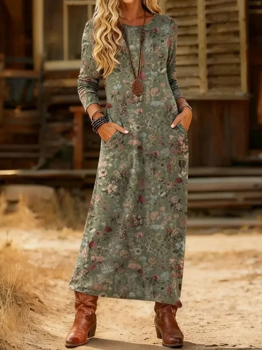 Vintage Floral Print Round Neck Long Sleeve Dress