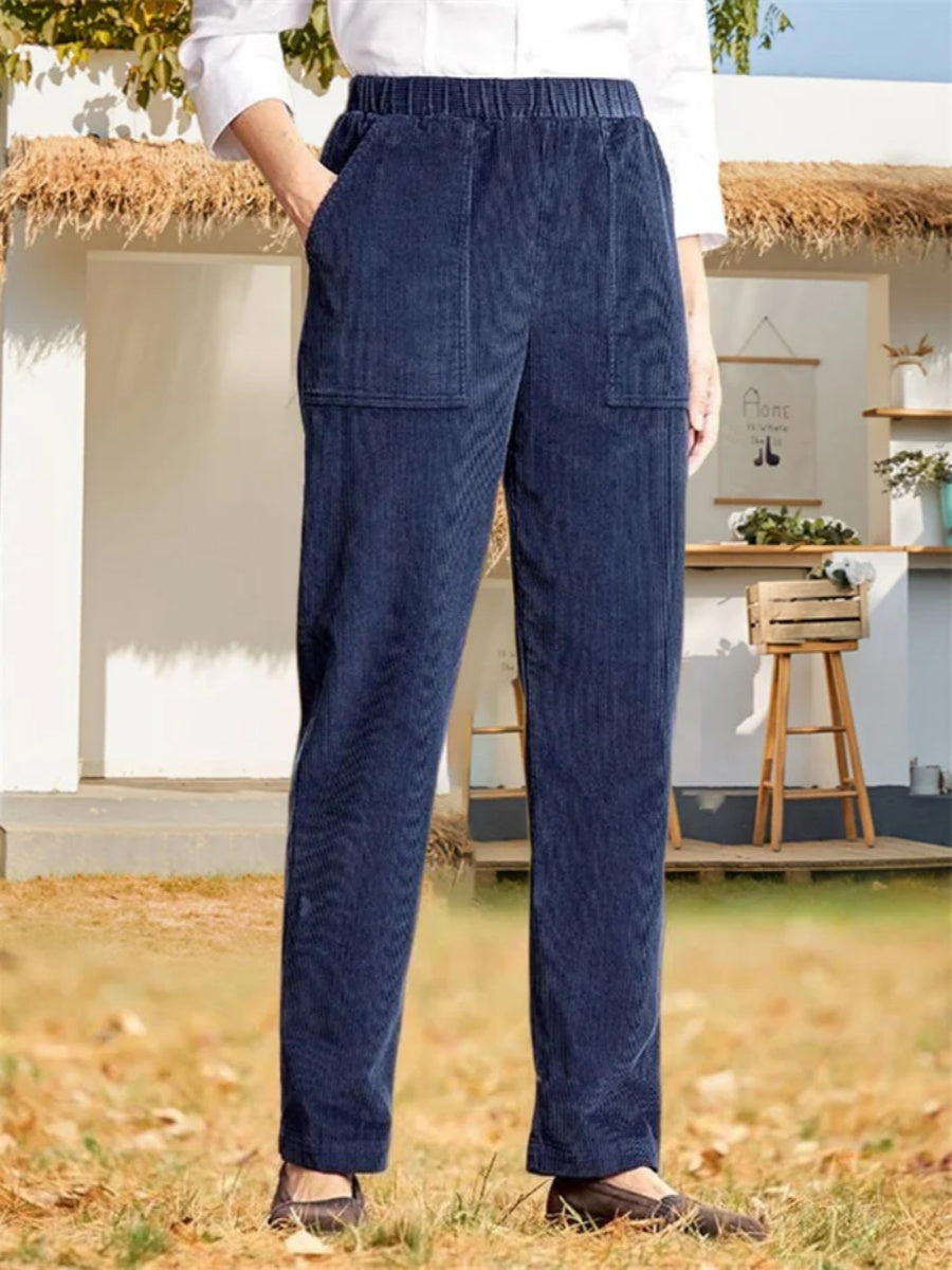 Women's Solid Color Elastic Waist Casual Corduroy Straight Leg Pants