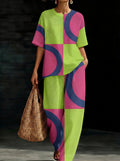 Womens Waffle Texture Neon Color Block Two Piece Set