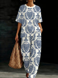 Womens Waffle Texture Blue Damask Print Two Piece Set