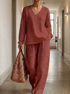 Womens Waffle Texture V Neck Two Piece Set