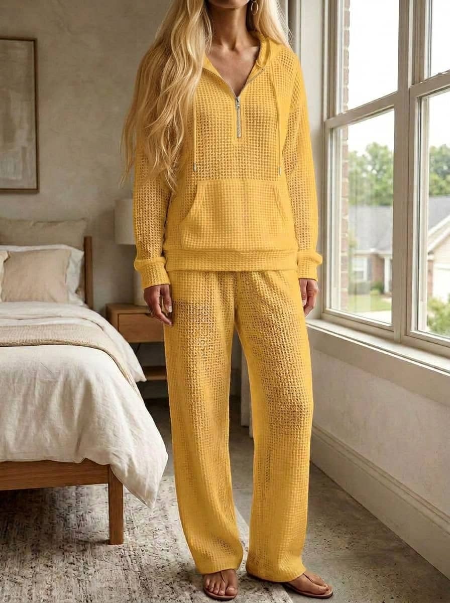 Womens Waffle Texture Casual Zip Hoodie Lounge Set