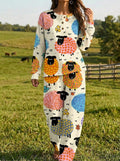 Womens Waffle Knit Colorful Sheep Long Sleeve Henley Set