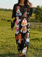 Womens Waffle Knit Black Dog Print Long Sleeve Henley Set