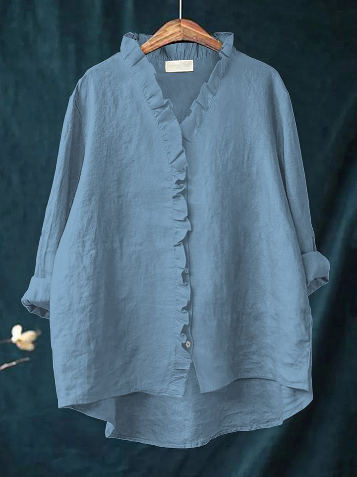 Women's Casual Cotton And Linen Ruffle Shirt RB146