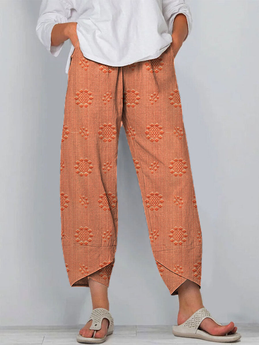 Women's Vintage Floral Art Printed Cotton And Linen Casual Pants