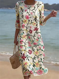 Vintage Floral Print Round Neck 3/4 Sleeve Dress
