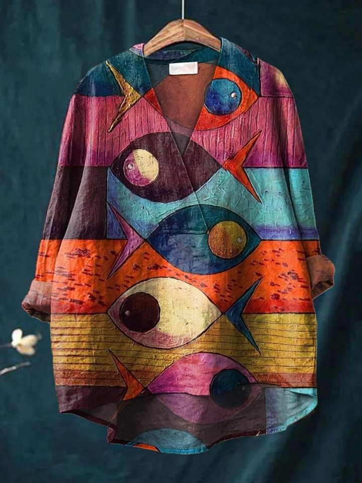 Women's Fish Animals Art Print Casual Cotton And Linen V-neck Shirt RB140