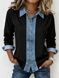 Black Denim Panel Button Down Long Sleeve Shirt