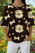 Womens Brown Cartoon Dog Bone Print Casual Shirt