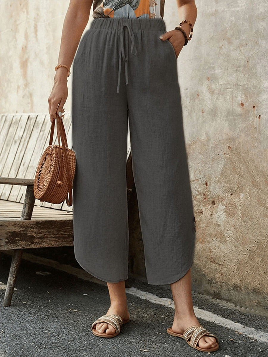 Women's Cotton And Linen Drawstring Nine-Quarter Casual Pants