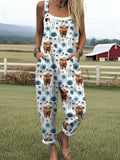 Women's Highland Cow Floral Print Casual Cotton Linen Wide Leg Jumpsuit RJ017