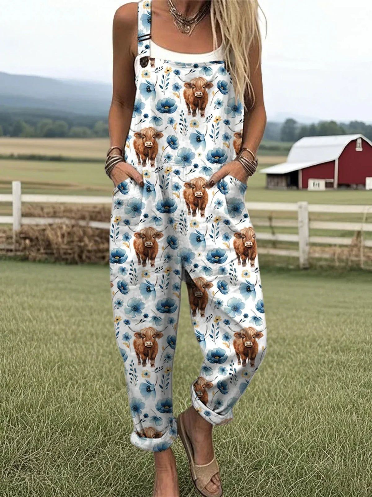 Women's Highland Cow Floral Print Casual Cotton Linen Wide Leg Jumpsuit RJ017