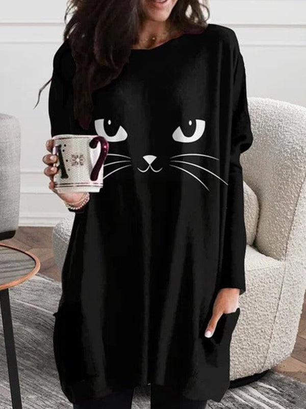 Black Casual Graphic Tops Round Neck Long Sleeve Black Cat Printed Sweatshirts
