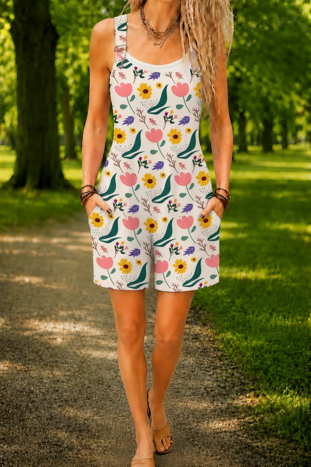 Women’s White Colorful Wildflower Print Casual Cotton Wide Leg Romper