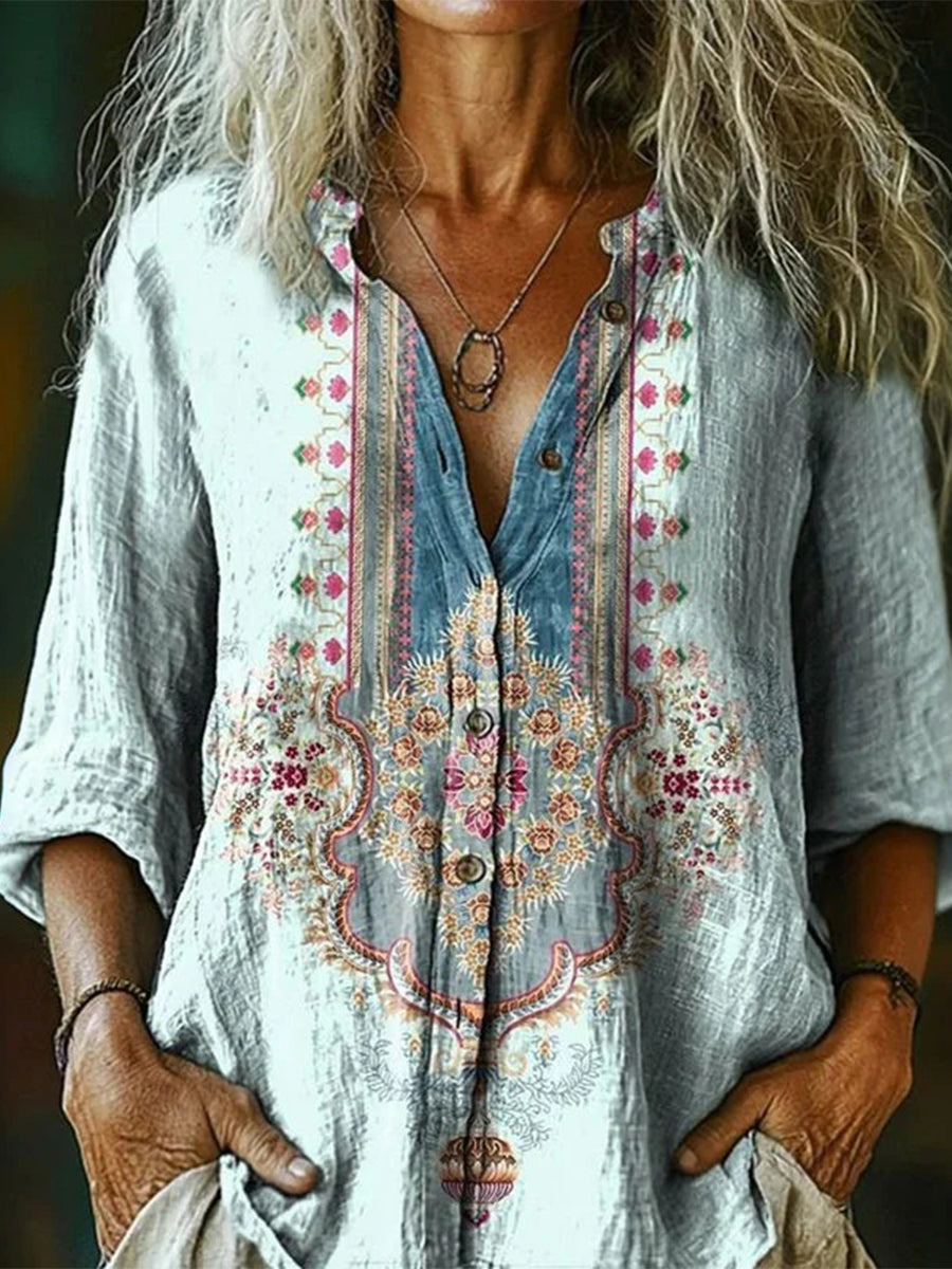 Vintage Ethnic Print Long Sleeve Blouse