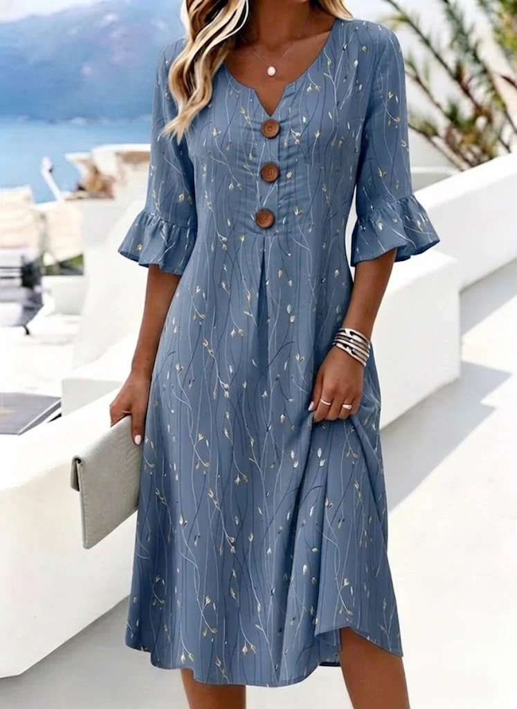 Women's V Neck Short Sleeve Floral Vine Print A-Line Casual Midi Dress