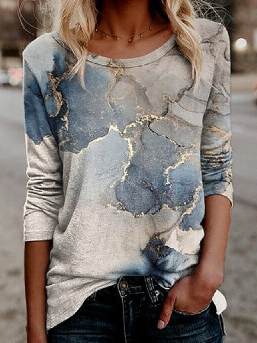 Multicolor Casual Round Neck Printed Long Sleeve Blouse
