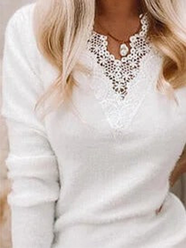White Casual Tops V-neck Long Sleeve Solid Sweater