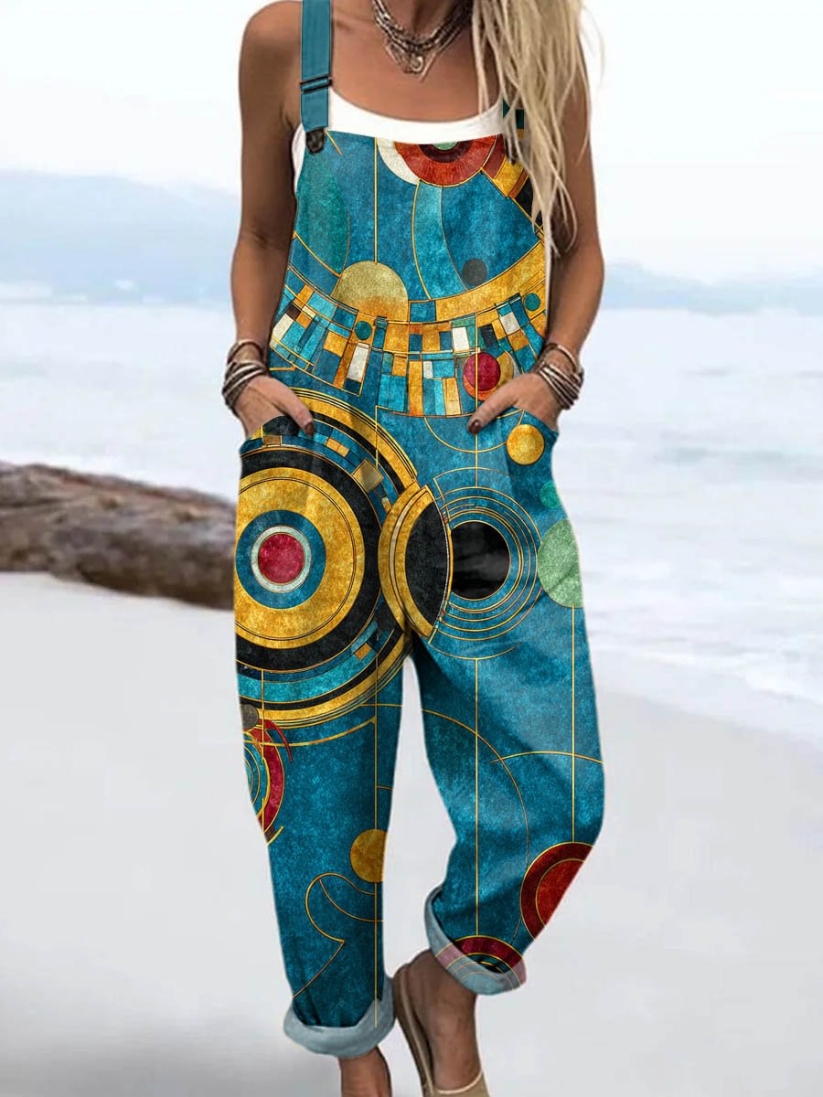 Women's Abstract Geometric Pattern Art Print Casual Cotton Linen Wide Leg Jumpsuit RJ051