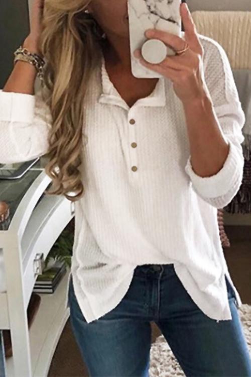 Solid Color Buttons Casual V-neck Long Sleeve T-shirt