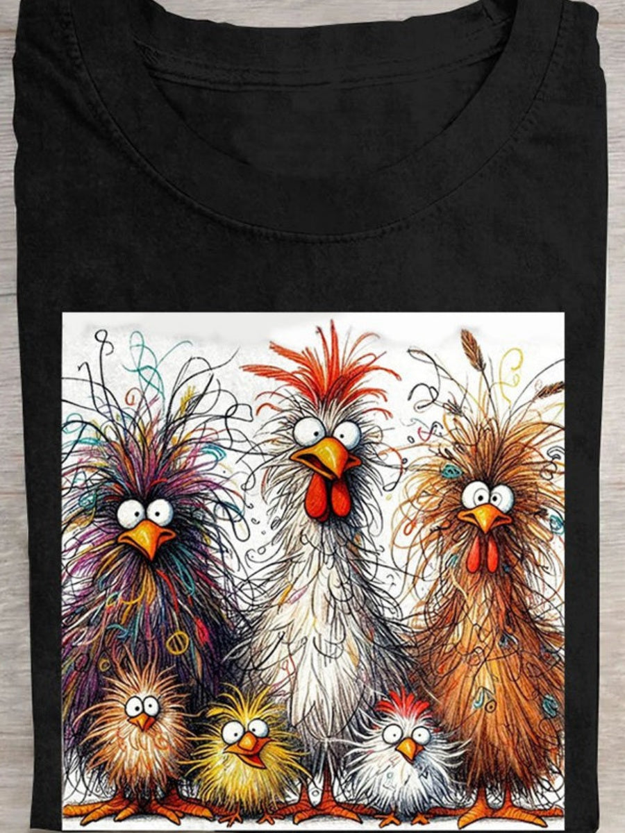 Fashion Casual Cute Chicken Animal Pattern Crew Neck Short Sleeve Cotton T-Shirt