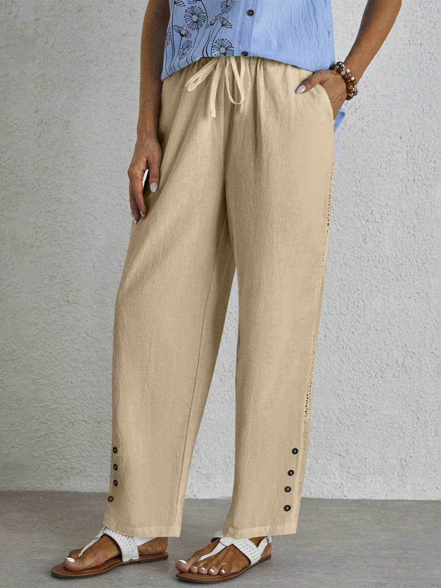 Women's Stylish Drawstring Buttoned Pocket Casual Cotton And Linen Pants