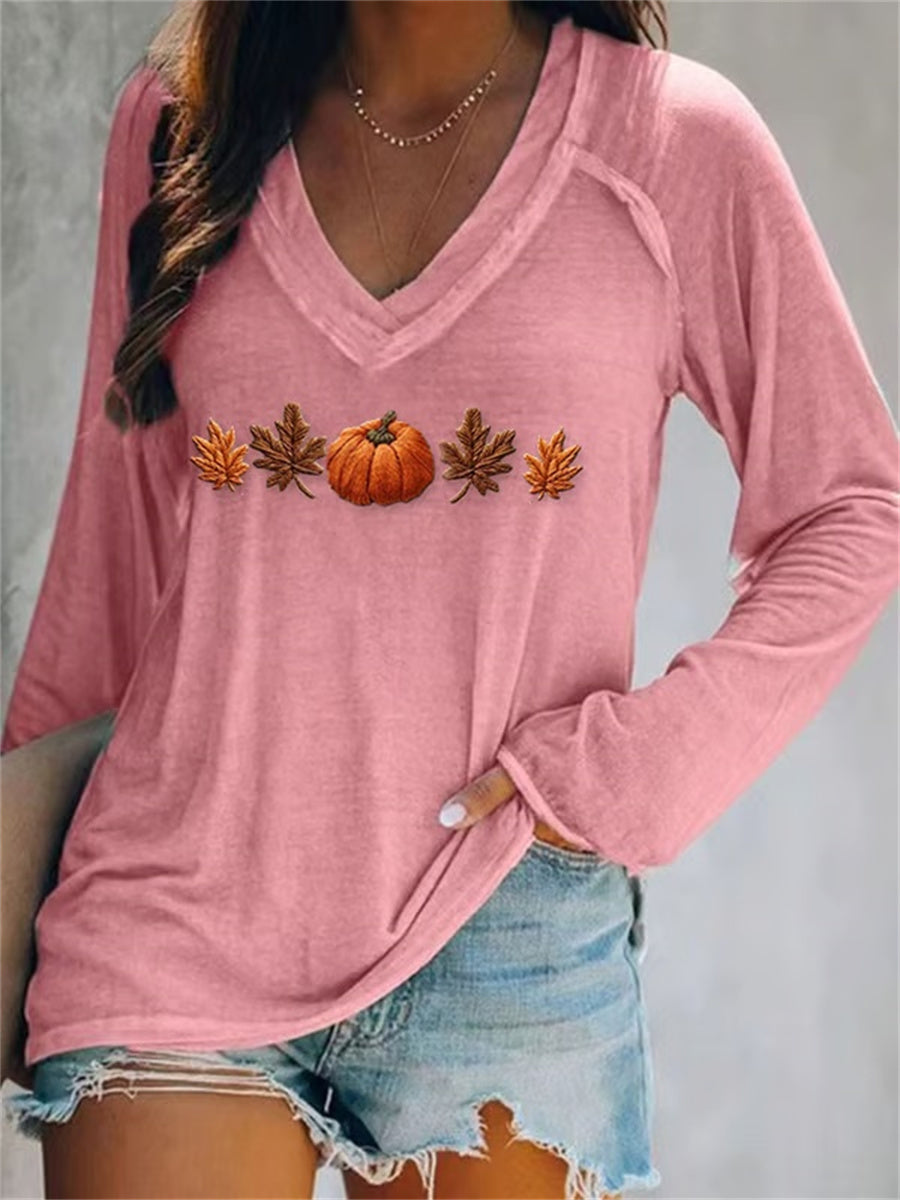 Women's Autumn Maple Leaf Pumpkin Print V-neck Long Sleeve T-Shirt