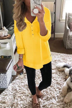 Solid Color Buttons Casual V-neck Long Sleeve T-shirt