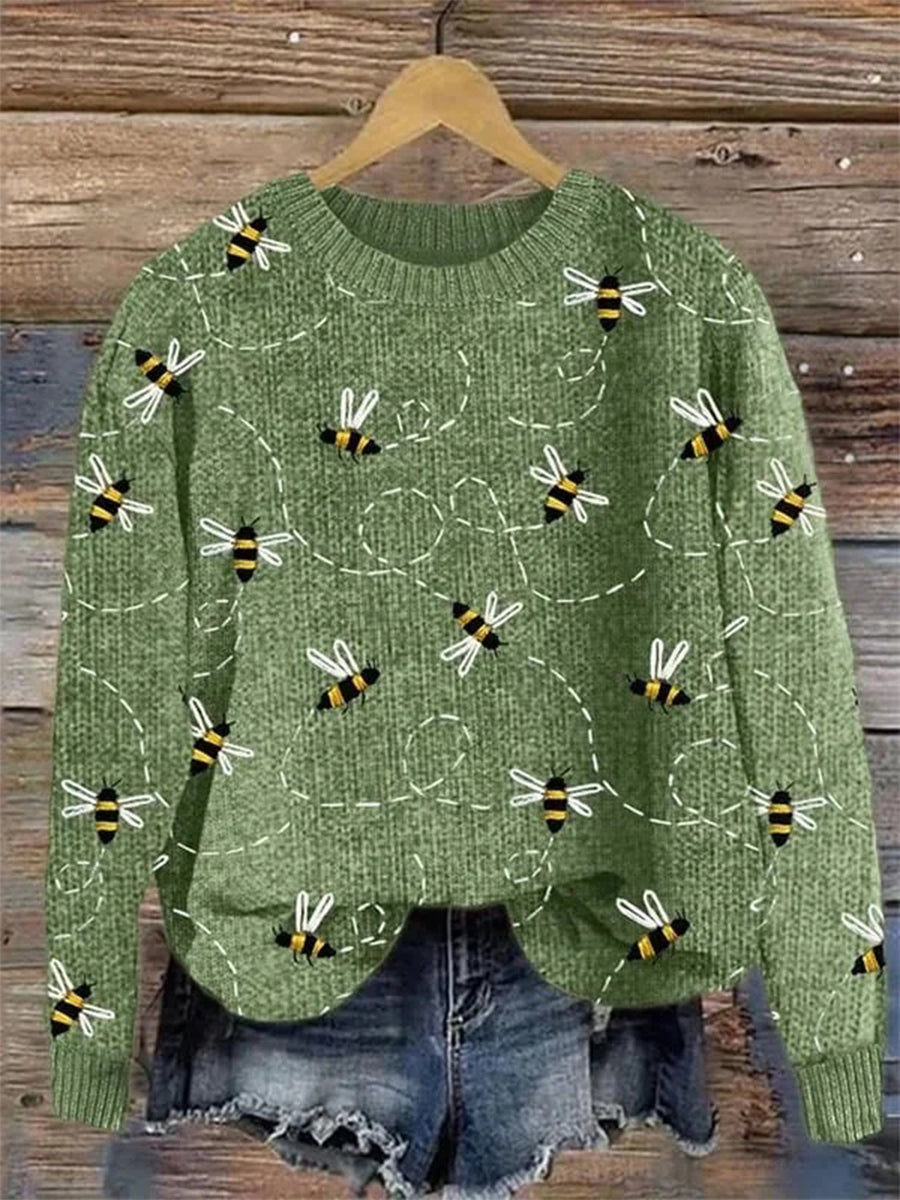 Vintage Funny Bee Art Print Round Neck Long Sleeve Pullover Sweater