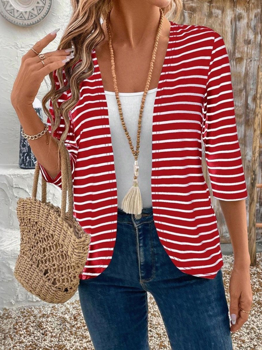 Red 3/4 Sleeve Striped Outerwear